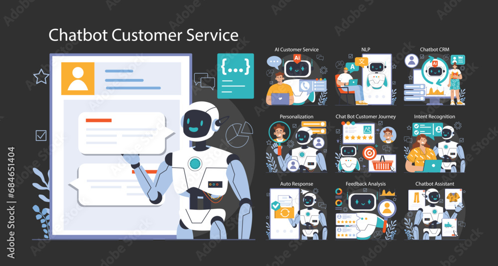 Poster chat bot dark or night mode set. ai-powered customer service. online consultation with artificial ne