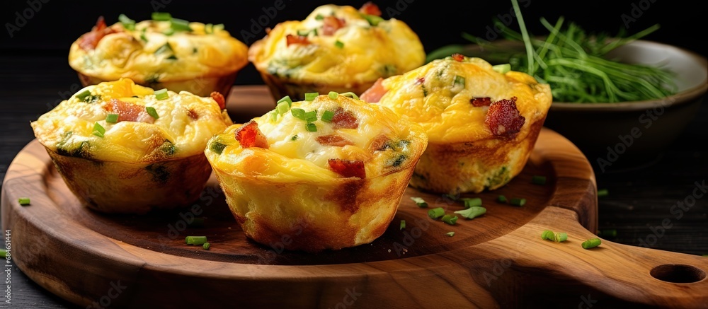 Poster breakfast on the go idea bacon and cheddar egg muffins recipe copy space image