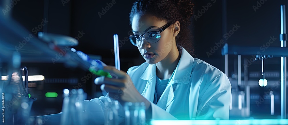 Aufkleber African scientist in lab testing chemicals for future development copy space image