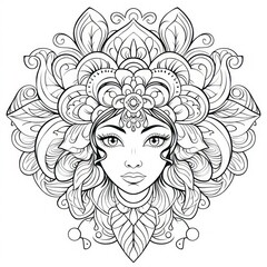 mandala for coloring in the form of a woman's face, concept of  coloring book, meditation, yoga, prayer, esotericism