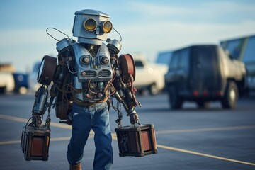 robot carries suitcases to the plane on the runway, concept of robot, future,artificial intelligence, autonomous systems, androids, automata, cyborgs