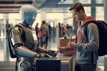 robot gives a ticket to a passenger at the airport, super-realistic photo in high quality,concept of robot, future,artificial intelligence, autonomous systems, androids, automata, cyborgs - obrazy, fototapety, plakaty