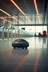robot vacuum cleaner cleans the floor at the airport,concept of robot, future,artificial intelligence, autonomous systems, androids, automata, cyborgs