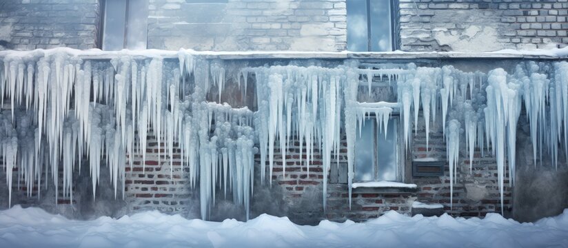 Cold air and chimneys have caused snow and icicles to form on the modern building and urban texture copy space image