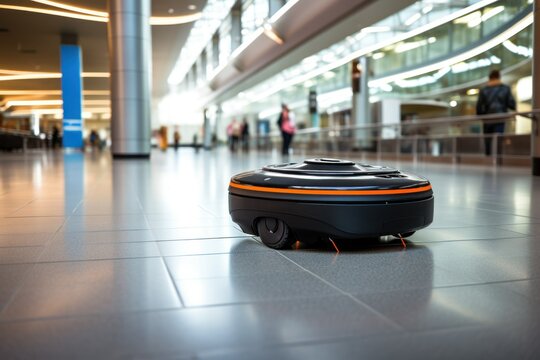 robot vacuum cleaner cleans the floor at the airport,concept of robot, future,artificial intelligence, autonomous systems, androids, automata, cyborgs