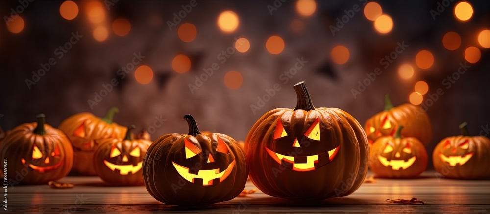 Poster abstract halloween party with defocused shiny background and happy pumpkins copy space image