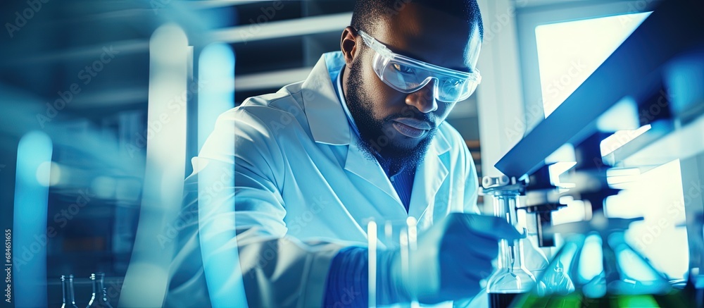 Poster African scientist in lab testing chemicals for future development copy space image