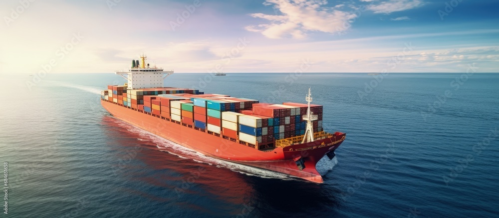 Poster container ship transporting global cargo worldwide viewed from the air copy space image