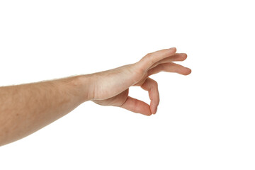 male hand holding something isolated on white background