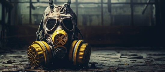 Contaminated gas mask in deserted Chernobyl school within exclusion zone copy space image - obrazy, fototapety, plakaty