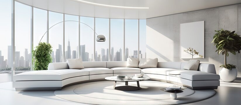 Contemporary living area with white leather corner couch and circular dining table copy space image