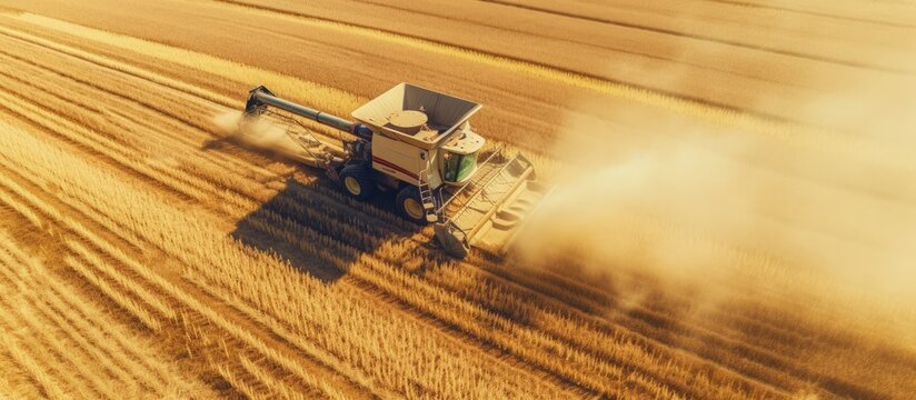 Autumn aerial drone flight over combine harvester reaping corn in field Top down view of harvesters in action Agriculturial farming work copy space image