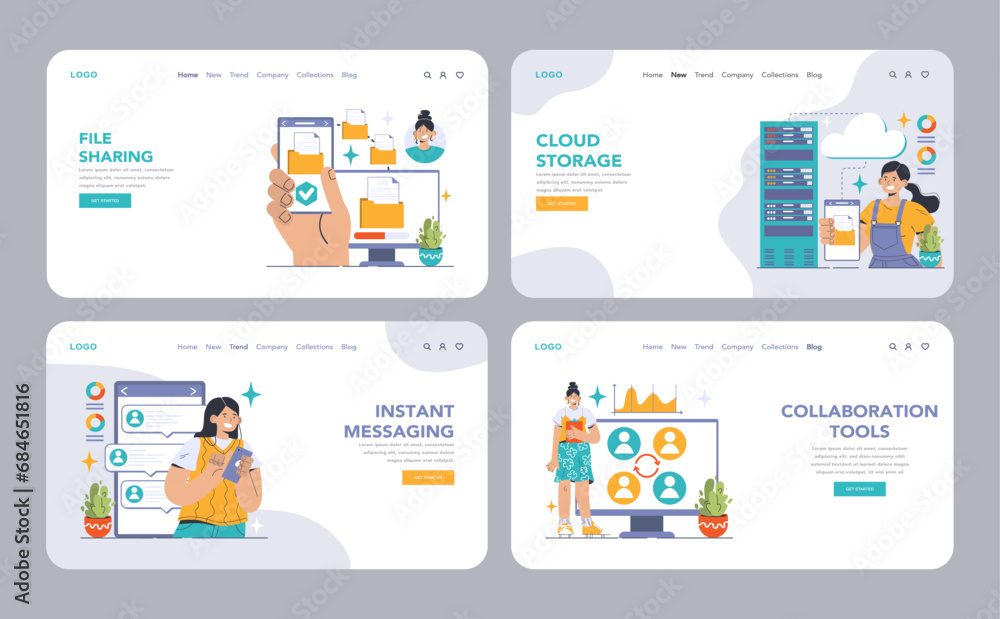 Poster Collaboration tools web or landing set. Diverse professionals using technology for teamwork. Video conferencing, cloud storage, task management. Enhancing productivity. Flat vector illustration