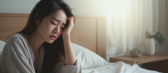 Asia woman on white bed sad and depressed touching forehead sleep disorder and stress concept copy space image