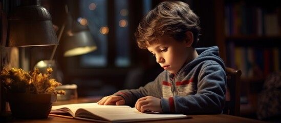 Boy doing homework at home late in evening copy space image
