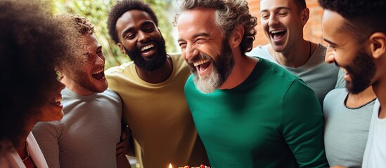 Bearded man celebrates birthday with diverse friends blowing party whistles and cutting cake copy space image