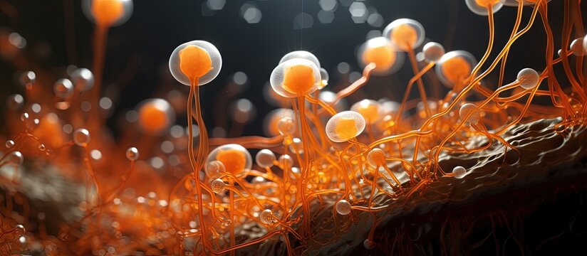 A shiny orange slime mold s branched plasmodium crawls and spreads on a substrate formed by gathering microscopic unicellular amoebae copy space image