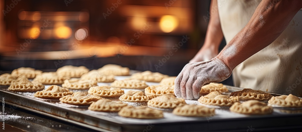 Aufkleber chef s hands fill a small pie raw baked goods rest on a metal baking sheet in a bakery pie and flour