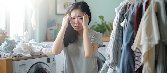 Asian woman with unpleasant expression after doing laundry due to dirty and musty smelling clothes copy space image - obrazy, fototapety, plakaty