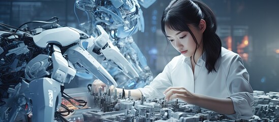 Asian student assembling robot on digital interactive whiteboard background with computer motherboard components Advanced robotics technology concept copy space image