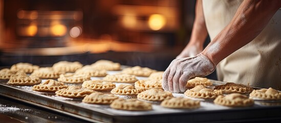 Chef s hands fill a small pie Raw baked goods rest on a metal baking sheet in a bakery Pie and flour products made copy space image