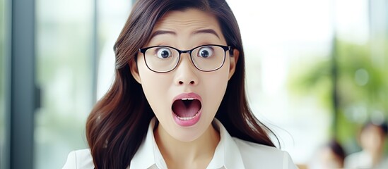 Amazed Asian businesswoman reacts to camera says wow in office Shocked female student celebrates good news indoors copy space image