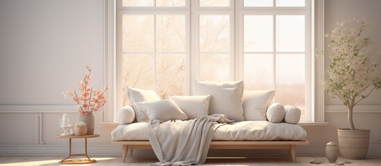 Bright sunlit room with comfy furniture and pillows by the window copy space image