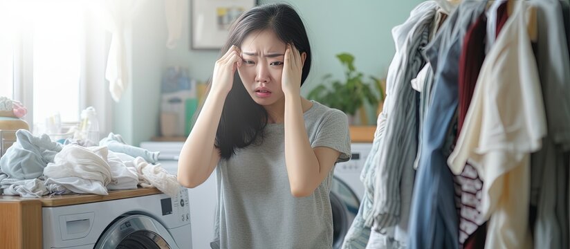 Asian woman with unpleasant expression after doing laundry due to dirty and musty smelling clothes copy space image