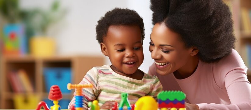 An African child plays with educational toys while supported by his mother and kindergarten teacher copy space image