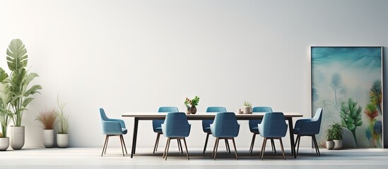 Blue dining chairs against white wall with gallery plants and a patterned carpeted sofa copy space image