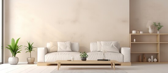Fototapeta na wymiar Actual image of contemporary white and beige living room copy space image