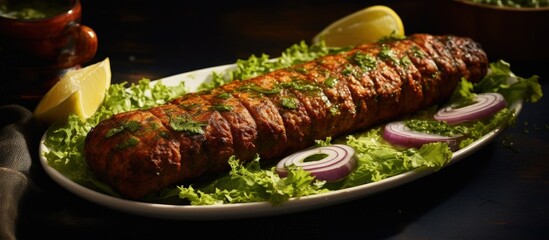 Chicken or mutton keema kebab with chutney and salad copy space image