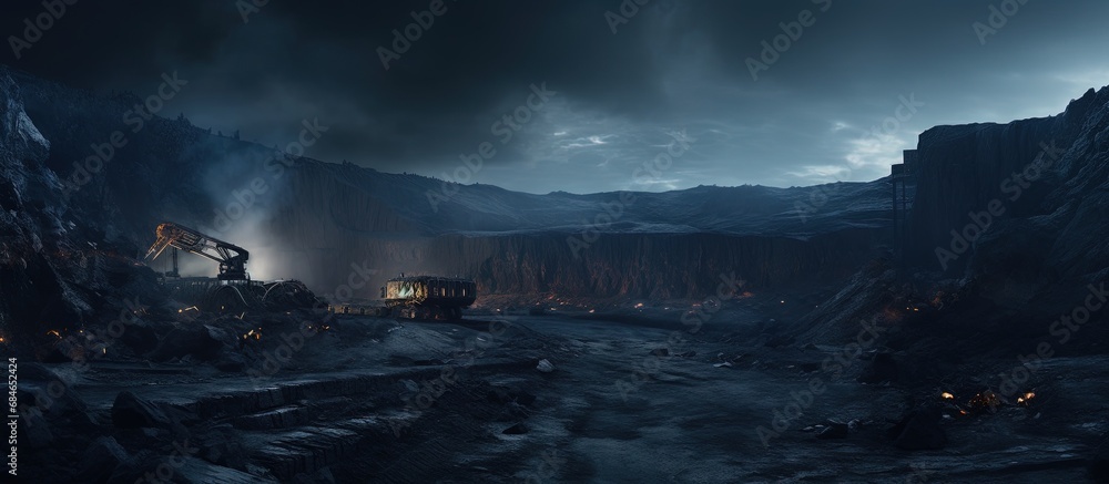 Poster Coal mining uses mining machinery to extract coal from the ground for industrial use in thermal power plants copy space image