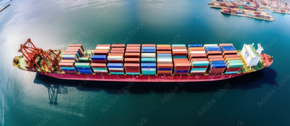 Poster Bird s eye view of numerous containers aboard a ship transporting cargo globally copy space image