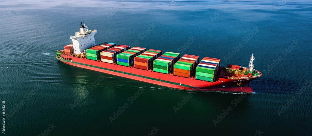 Poster bird s eye view of cargo ship with shipping container at sea copy space image