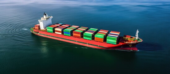 Bird s eye view of cargo ship with shipping container at sea copy space image