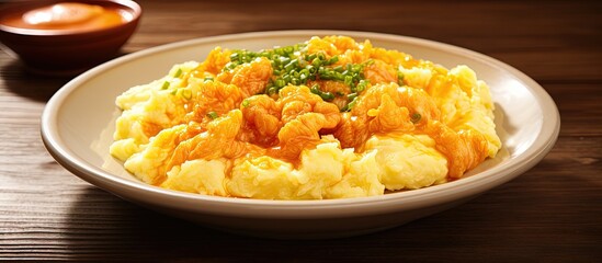 Cantonese style shrimp and eggs copy space image