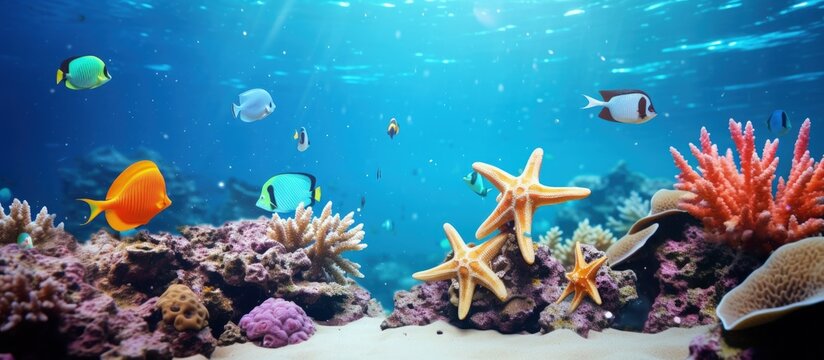 Colorful tropical fish and starfish in a coral garden copy space image