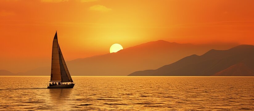 A sailboat with raised sails is outlined against the sunset and hazy orange sky amidst two coastal landmasses in Costa Rica copy space image