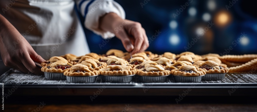 Aufkleber chef s hands fill a small pie raw baked goods rest on a metal baking sheet in a bakery pie and flour