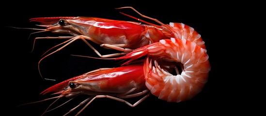 Black top view of head on red Argentine shrimps copy space image