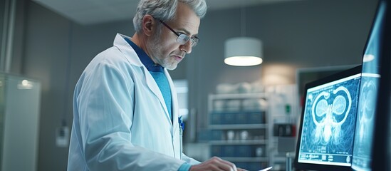 A middle aged man in a scientist s uniform is looking at an embryology image on a touchpad in a laboratory copy space image - Powered by Adobe