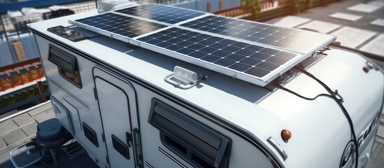 Camper trailer rooftop with solar panels and AC unit copy space image - obrazy, fototapety, plakaty