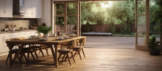 A wood floored dining room with sliding glass doors leading to a backyard patio featuring an outdoor kitchen copy space image