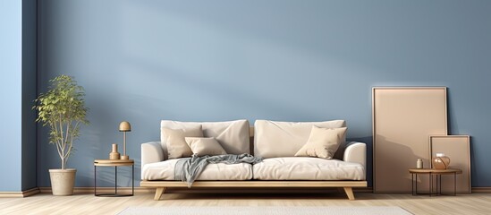 Fototapeta na wymiar Beige and blue create a beautiful natural living room interior copy space image