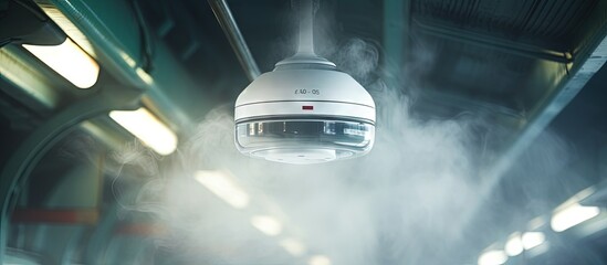 Close up photo of ceiling mounted train smoke detector copy space image - obrazy, fototapety, plakaty