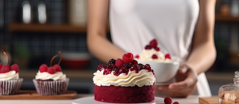A talented pastry chef prepares mouthwatering homemade cakes in the kitchen including a delectable red velvet cake copy space image