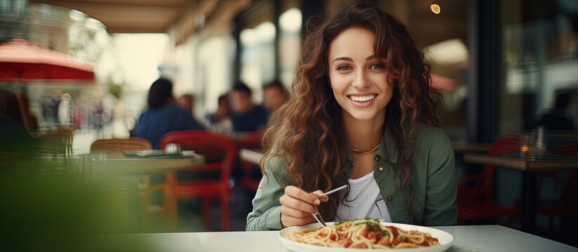 Fototapeta Brunette girl enjoying Italian pasta at a street cafe Advertisements design copy space image