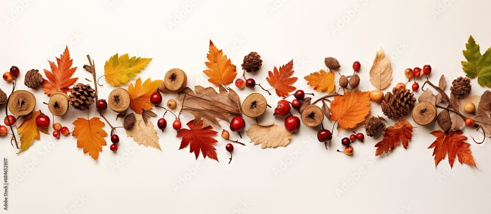 Poster autumn objects arranged on light surface for creative display copy space image