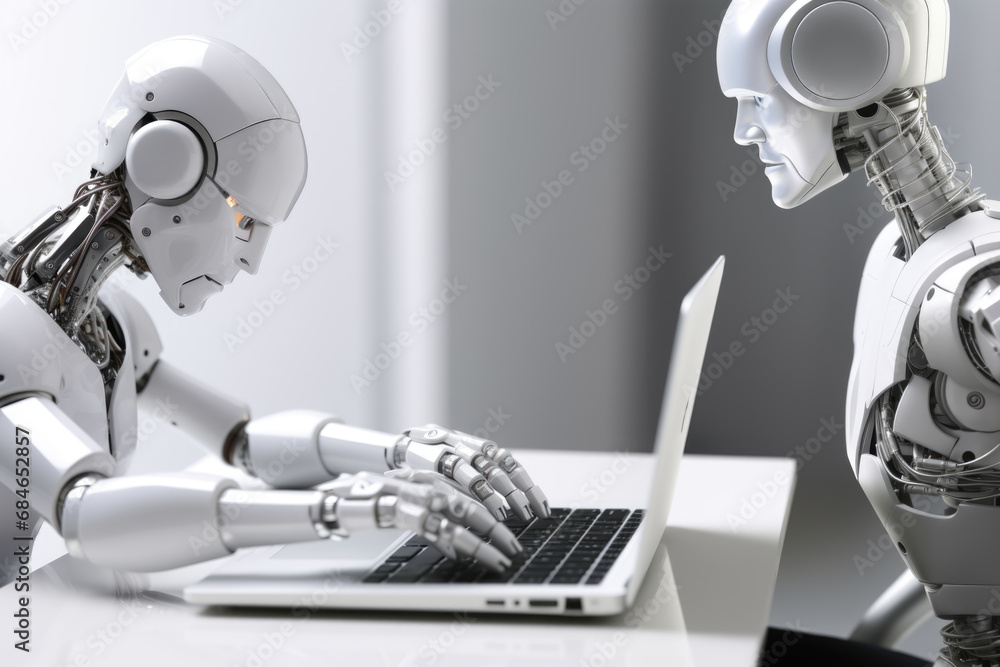 Poster robot interacting with a laptop. the concept is automation and technology advancement.